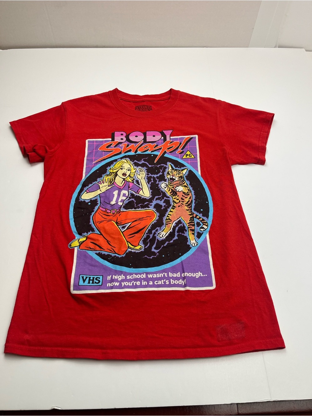 Steven Rhodes Body Swap Cat Red Graphic Short Sleeve Shirt Small Cotton *FLAW